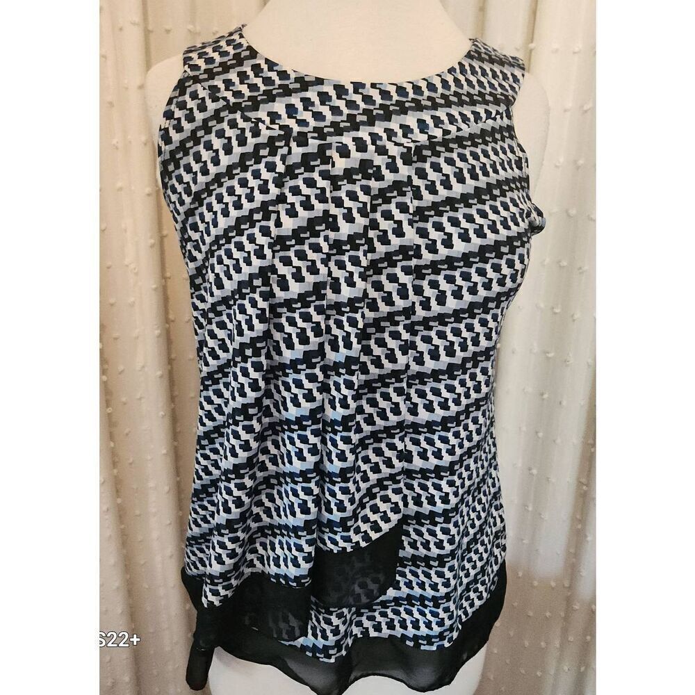 F10 Karen Hart dressy tank top W Bkue & White Ruffle Front & Sheer Navy Contrast